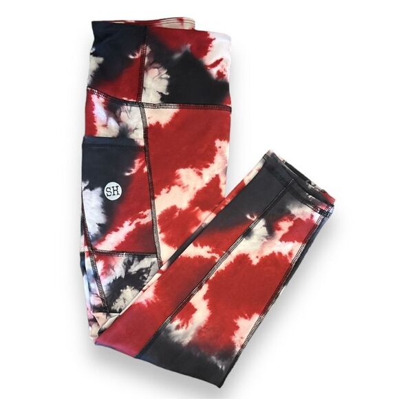 SH Red Black Tie Dye Yoga Legging sz L Contour Stitching Side Pockets - Picture 4 of 5